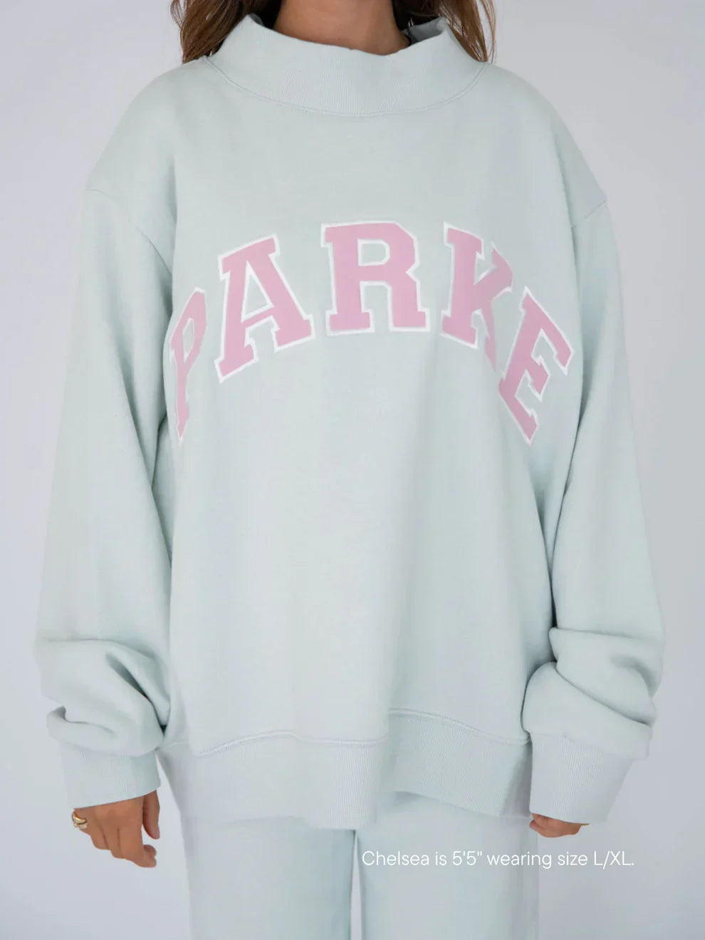 Parke | Varsity Mockneck Mint with Pink Letters
